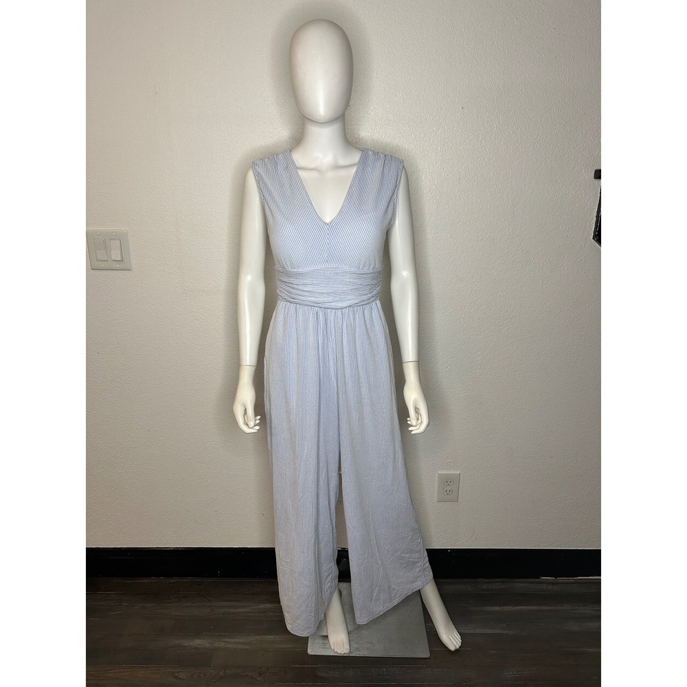Halara Blue White Seersucker Stripe V-Neck Wide Leg Jumpsuit